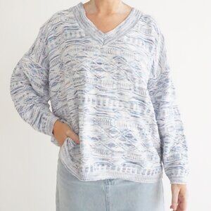 Vintage Fitting Image Blue White Textured V Neck Knit Sweater Geometric Stripe L